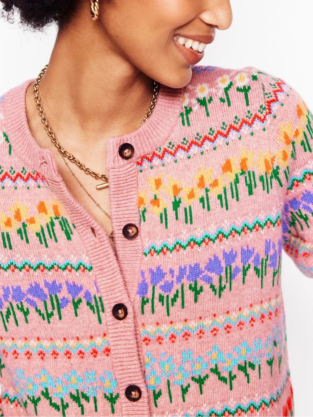 NWOT Boden Edie Fair Isle Cardigan in Meadowstreet Pink, Flowers - Picture 5 of 10